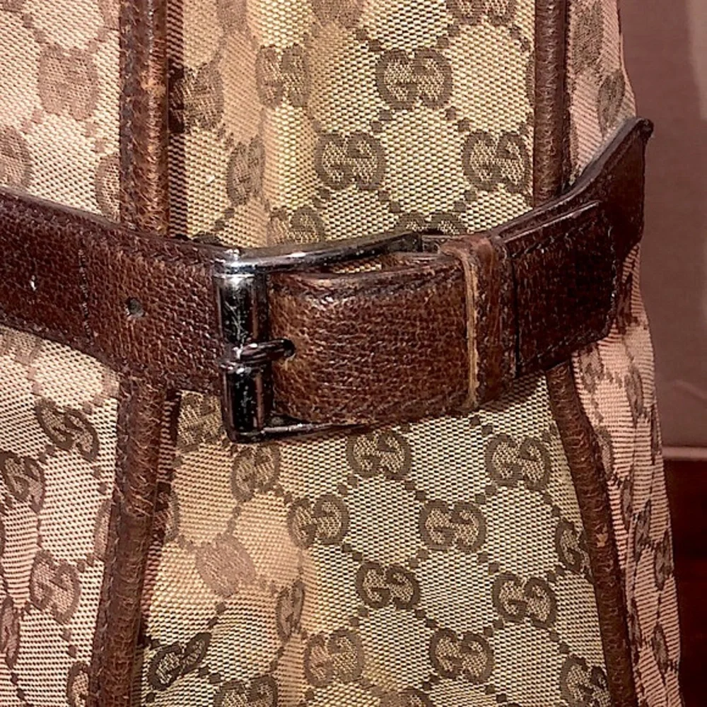 GUCCI GG Monogram Brown Leather Rolled Top Handle Oversized Laptop Tote Bag
